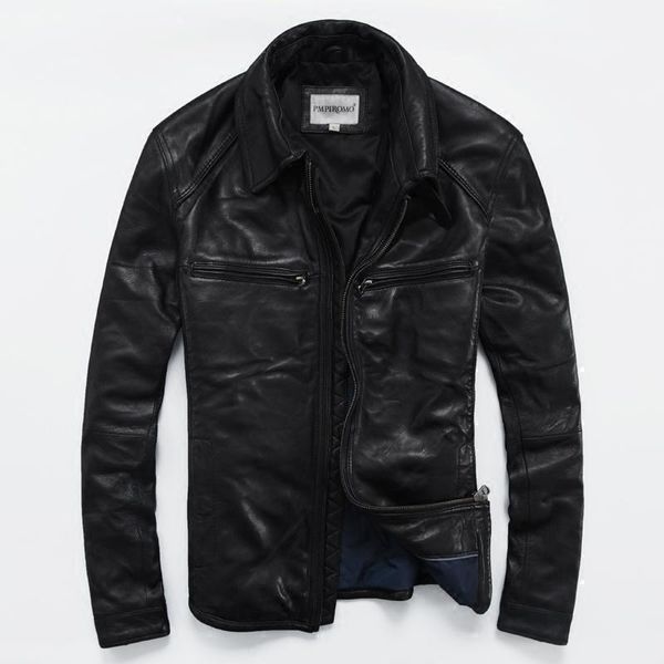 

men's leather & faux vintage sheep lapel short slim genuine jacket male motorcycle, Black