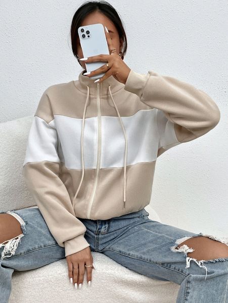 

colorblock zipper up drawstring sweatshirt z5dz#, White;black