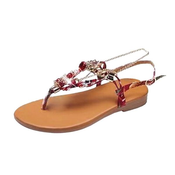 

ladies sandals leisure women's bohemian rhinestone belt buckle clip toe flat beach shoe 2021, Black