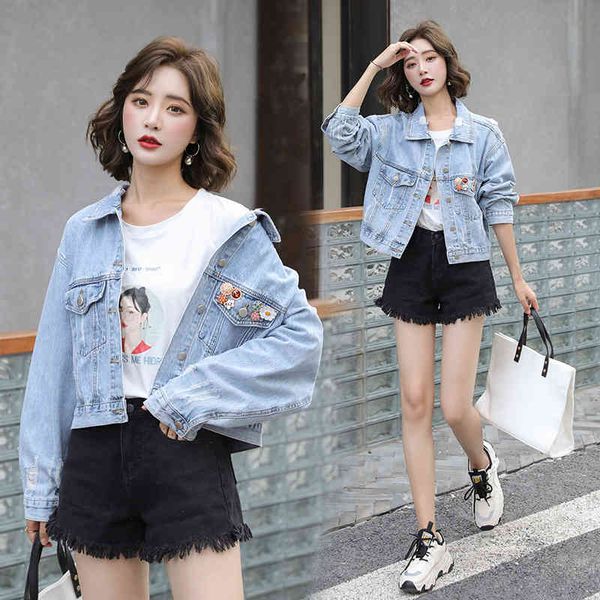 

spring and autumn new ripped short denim jacket female loose korean pocket brooch student tooling light-colored jacket 210412, Black;brown