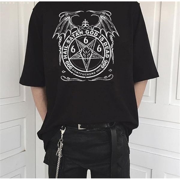 HAHAYULE-JBH Hail Satan God Is Dead Bedrucktes T-Shirt Satan Dark Style Gothic Tees Mann Frauen Kurzarm Street Outfits 210401