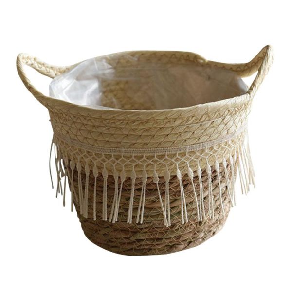 

storage baskets garden decor plant basket outdoor planters flower pot with tassel straw 1pc rattan manual round shape handmade box