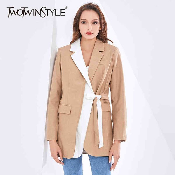 Casual Camel Blazer für Frauen Rieched Langarm Spitze Lose Korean Patchwork Jacken Weibliche Mode Kleidung 210524