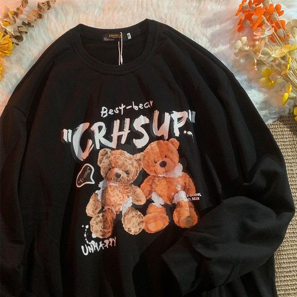 

women's hoodies & sweatshirts vintage cute bear sweatshirt women oversized american casual streetwear teens clothes 2021 autumn fashion, Black