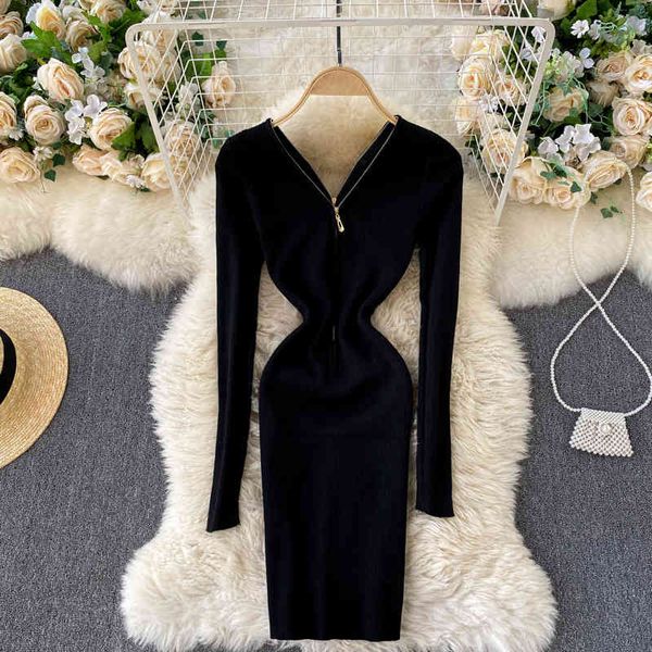 Singreiny Mulheres de malha vestido de lápis chique zíper v pescoço manga comprida bodycon jumper outono inverno sexy slim curto camisola vestidos 210419