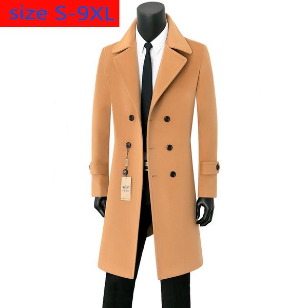 

men's wool & blends overcoat jacket youth warm tide casual x-long double breasted thick mens coat plus size s-7xl 8xl 9xl, Black