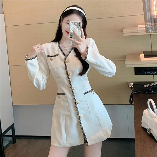 

casual dresses dress early autumn fashion korean women's 2021 french temperament v-neck waist long sleeve short, Black;gray