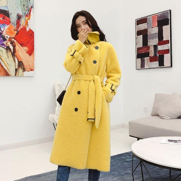 

women's fur & faux 2021 women winter fashion real sheep sheared coats female long natrual lamb jackets ladies solid color loose outwear, Black