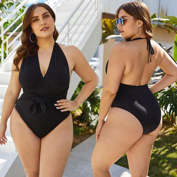 

one-piece suits 2021 big size triangle jumpsuit black fat mm bareback swimsuit swimming suit for women plus swimwear
