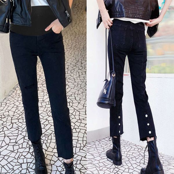 

autumn details high waist belly support women elastic denim casual barrel nail buckle pants small leg, Blue
