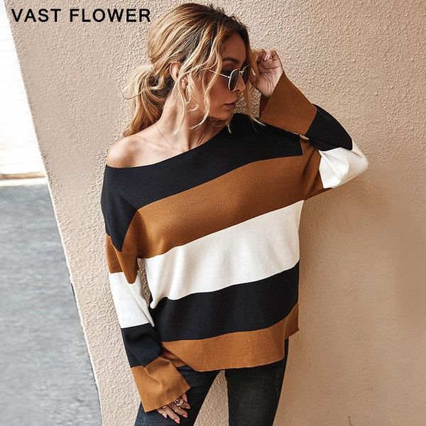 

women's sweaters contrast color striped knitted sweater women o-neck pullover long sleeve fashion vintage loose autumn clothes 2021, White;black