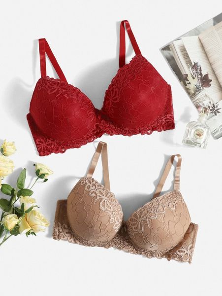 

2pack plus contrast lace underwire bra x4gq#, Black;white