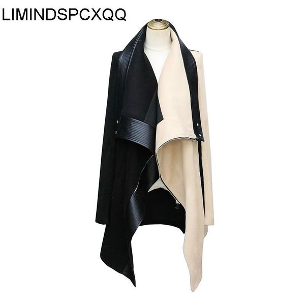 

women's wool & blends 2021 patchwork irregular tweed coat for women lapel long sleeve casual loose hit color coats female fashion cloth, Black