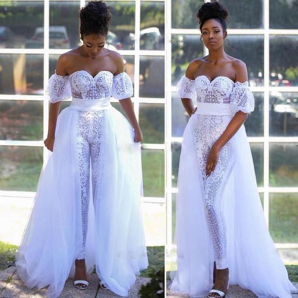 

white jumpsuit wedding dresses bridal gowns with detachable train vestidos de novia sweetheart pant suit short sleeve outfit9780391