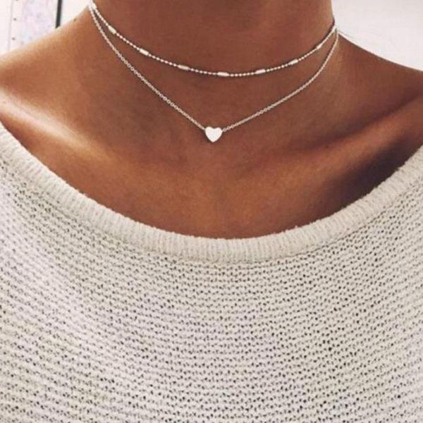 

pendant necklaces 2 pcs/set fashion love heart necklace for women lovely style multilayered chain choker party gifts girl, Silver