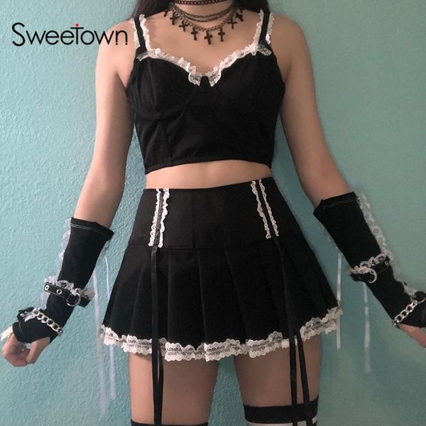 

sweetown black y2k e girl pleated skirts womens dark academic aesthetic gothic clothes patchwork lace bandage mini skirt summer
