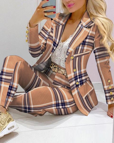 

women's two piece pants plaid blazer women spring and autumn long-sleeved casual slim thin khaki female jacket 2021 elegant office two-, White