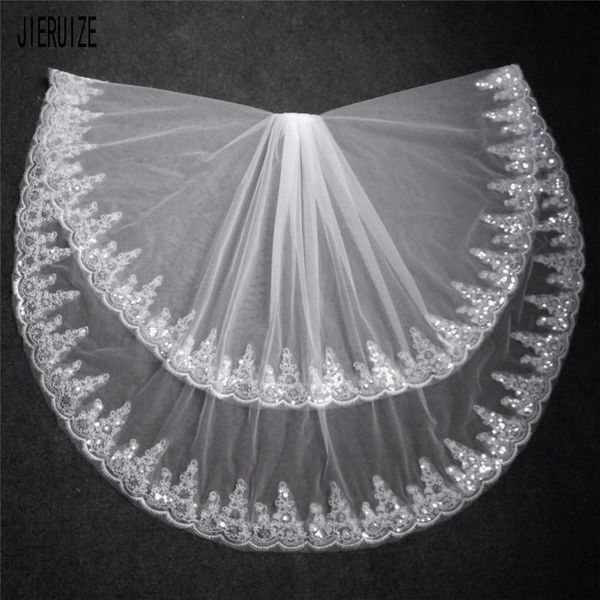 

bridal veils jieruize stunning two layer lace wedding veil short sequin with comb bride hair accessories, Black
