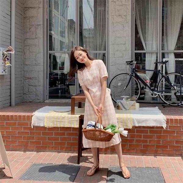 

plus size summer dress girls boho party female vintage plaid buttons cardigan short sleeve women es long robe vestido 210423, Black;gray