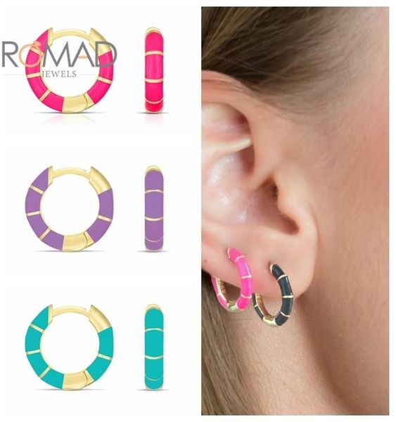 

hoop & huggie romad 925 sterling silver enamel earring ear buckle summer drip oil hoops earrings women black green jewelry femme, Golden;silver
