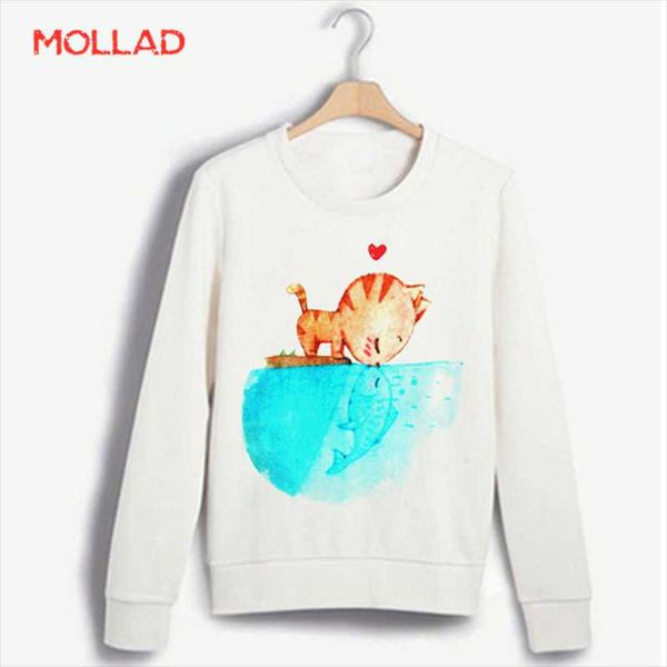 

women's hoodies & sweatshirts mollad fashionable cartoon cat printed sanitary sweatershirt, Black