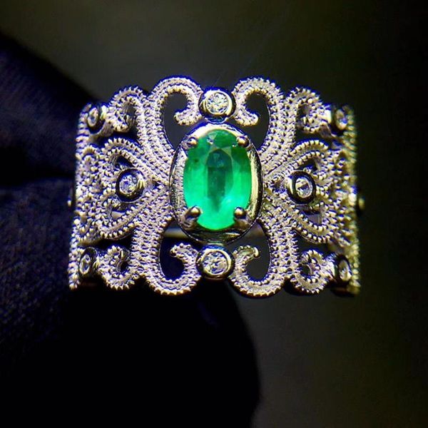 

cluster rings natural green emerald gem ring gemstone s925 silver ancient wide big thick men women girl party gift jewelry, Golden;silver