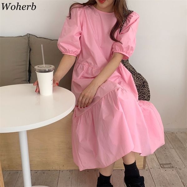 

chic korean solid women long pink dress summer puff sleeve o-neck loose dresses stylish basic vintage vestidos 210519, Black;gray