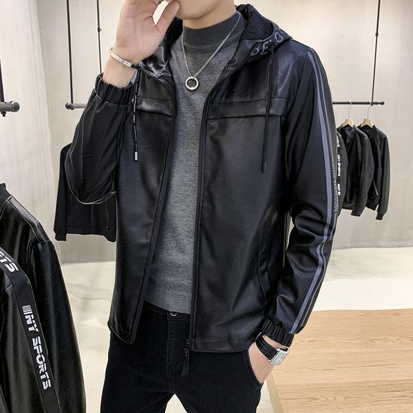 

fashion brand leather coat men's 2021 jacket youth korean slim and handsome hooded casual top, Black;brown