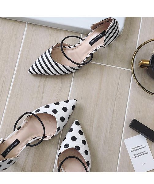 

summer polka dot women sandals pointed toe stripe 6cm thin heel ladies slippers comfortable slip on shoes pumps dress, Black