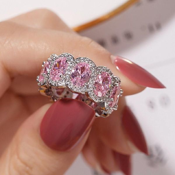 

cluster rings brand 925 silver pave cushion cut pink stone band ring for women eternity engagement wedding finger simulated diamond, Golden;silver