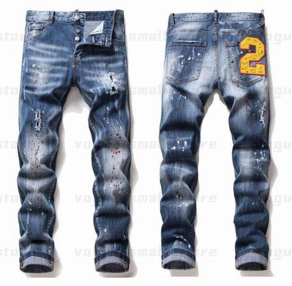 

mens cool rips stretch designer jeans distressed ripped biker slim fit washed motorcycle denim men s hip hop fashion man pants 202135y3, Blue