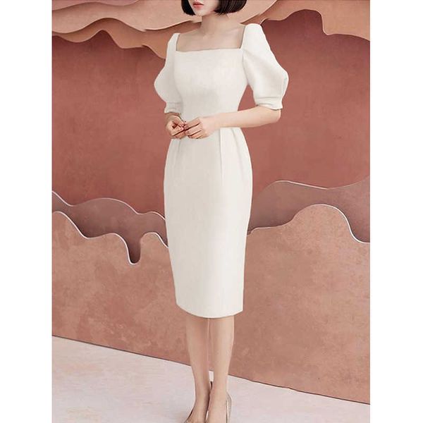 

luxury party evening dress french celebrity 2021 style square neck bubble sleeve high waist slim little white 's long, White;pink