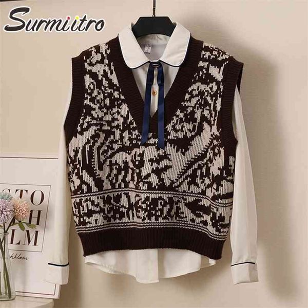 

spring autumn knitted loose sweater vest women korean style sleeveless waistcoat female knitwear pullover 210421, Black;white