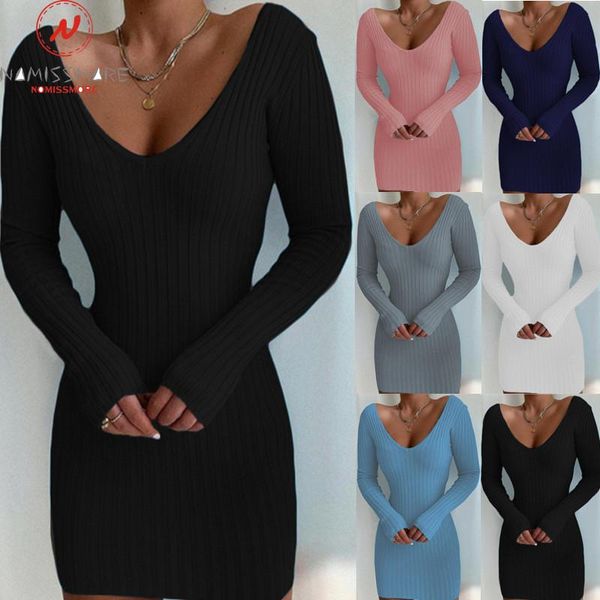 

casual dresses fashion women solid color pencil dress patchwork design v-neck long sleeve mid waist spring autumn slim pullovers mini, Black;gray