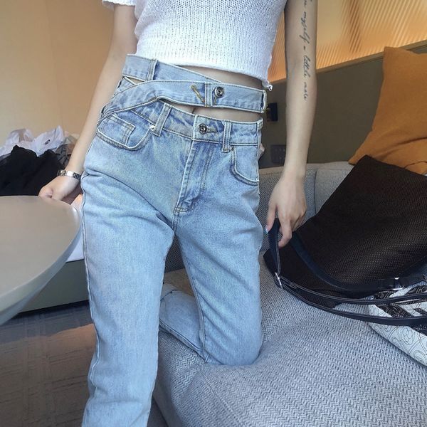 

spring casual jeans woman long trousers cowboy female loose streetwear hollow belt pants 210510, Blue