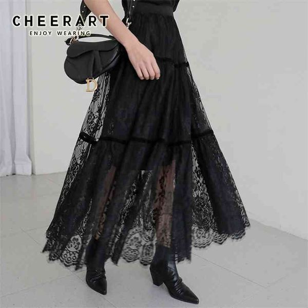 

long lace skirt black midi ladies women high waist korean elastic clothes 210427