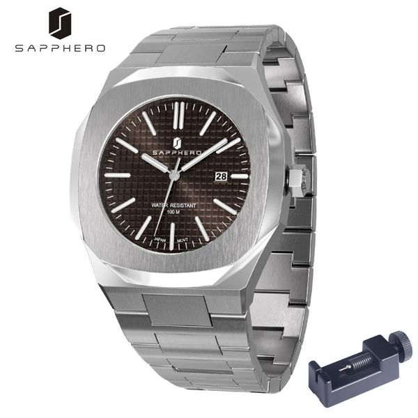 

wristwatches watch for mens sapphero 10atm water resistant miyota quartz movement stainless steel bracelet clock auto date luxury male gift, Slivery;brown