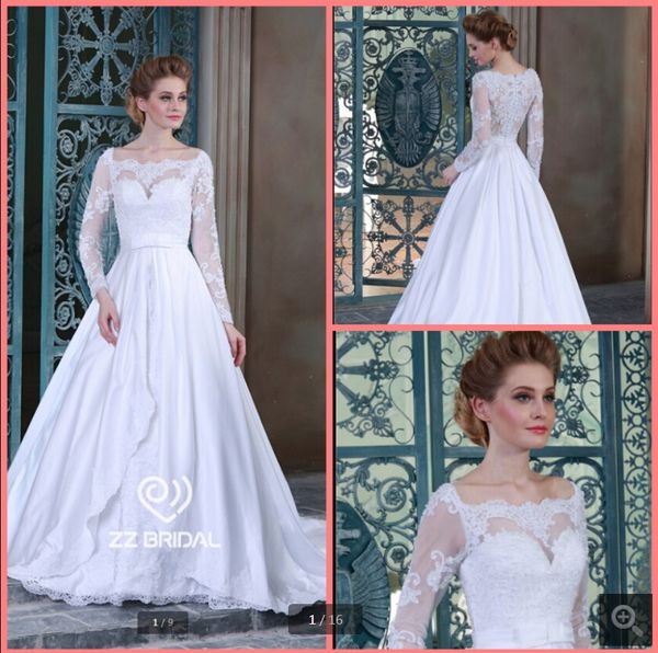 

latest style white satin modest a line wedding dress lace appliques vintage long sleeve hijab muslim bride dresses scoop neck princess islam