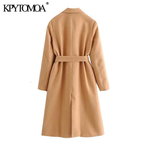 

kpytomoa women fashion with belt side pockets woolen coat vintage long sleeve back vents female outerwear chic overcoat, Black