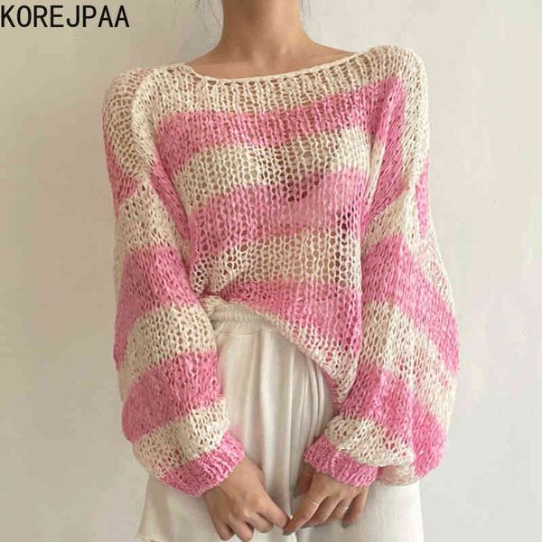 

women sweater summer korean chic gentle sweet one-shoulder striped loose long-sleeved hollow knit sunscreen 210514, White;black