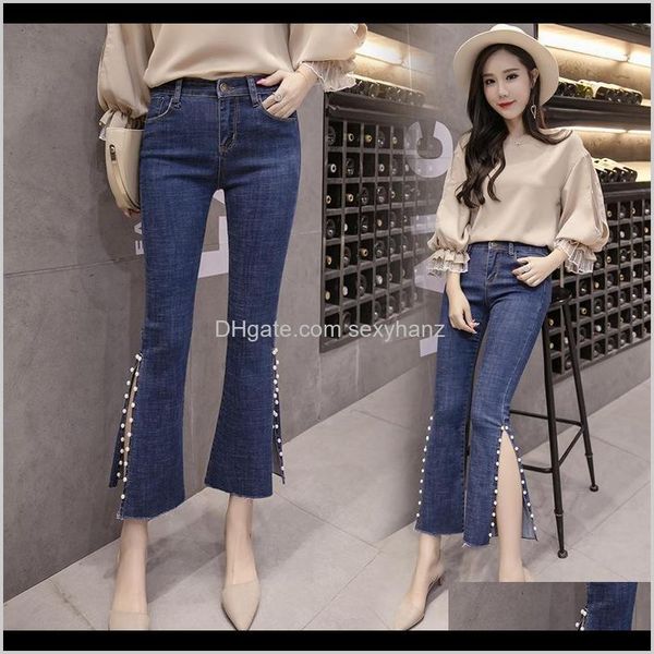 

apparel drop delivery 2021 arrival korean wild beaded fork high waist slim nine points jeans womens clothing fashion cotton spring and summe, Blue