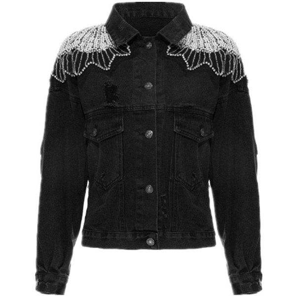 

women's jackets spring black jeans jacket women luxury shoulder crystal beading short slim denim 2021, Black;brown