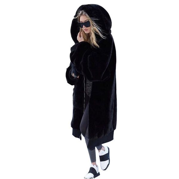 

women's fur & faux furry coats winter warm hooded large size medium length solid color women casual long sleeve woman coat 3xl, Black