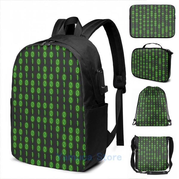 

backpack funny graphic print binary code inside usb charge men school bags women bag travel laptop