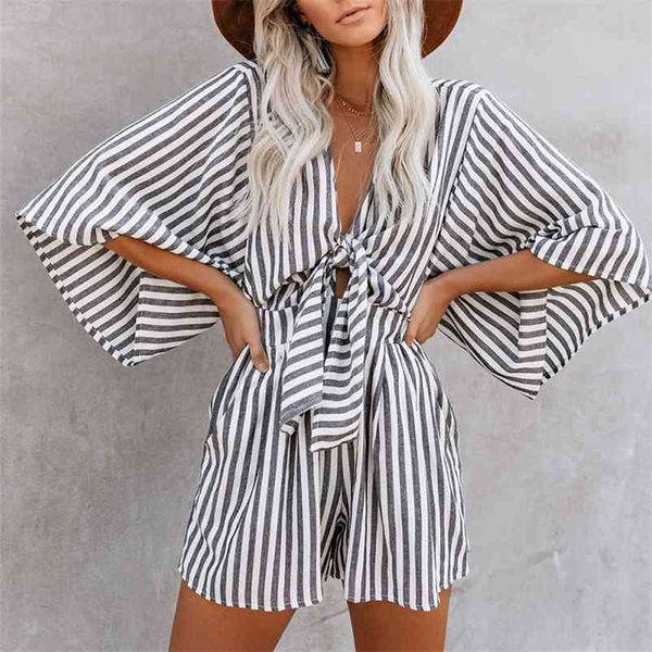 

foridol bowknot striped white loose romper playsuits batwing sleeve wide leg casual v neck overalls for women pockets 210415, Black;white