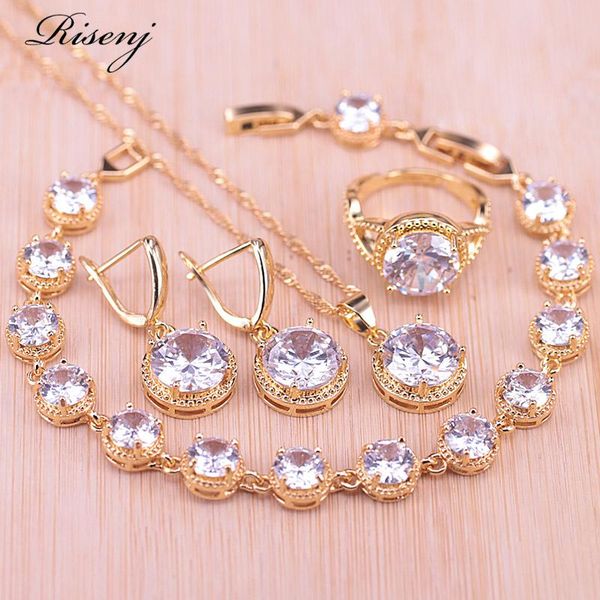 

earrings & necklace risenj big round white crystal zircon gold color costume jewelry set bracelet adjustable ring earring pendant, Silver