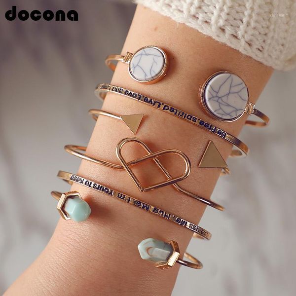 

6pcs/set new punk large heart stone gem crystal open carved triangle multilayer bangle set women party gift1, Black