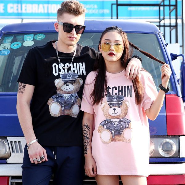 

tee 2021 will see couple cartoon bear oversized printing t-shirt men tops crew neck cotton shirt, White;black