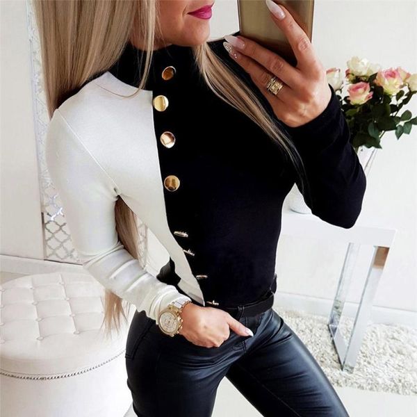 

women's blouses & shirts trendy women turtle neck long sleeve color block buttons decor pullover blouse, White