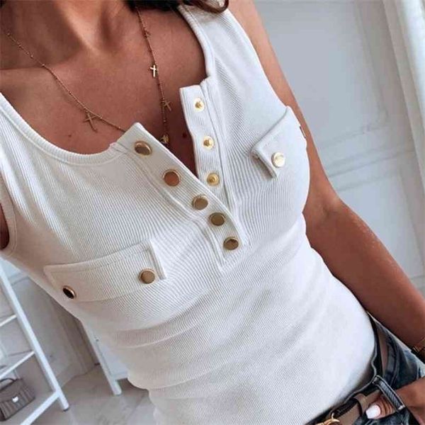 

summer women's tank slim fit button solid color vest v-neck casual sleeveless t shirt women cotton 210705, White